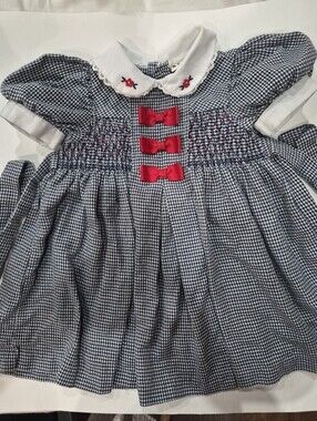 Vintage Toddler Girl's Gingham Smocked Dress Puff Sleeve Size 2T
